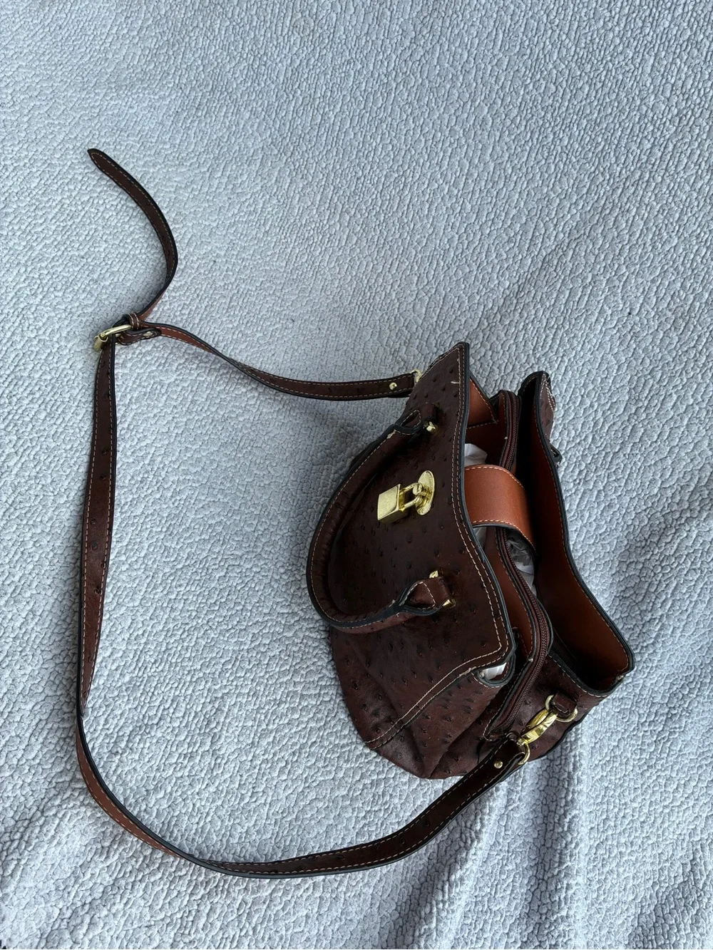 Brown Ostrich-Texture Satchel with Gold Lock Detail